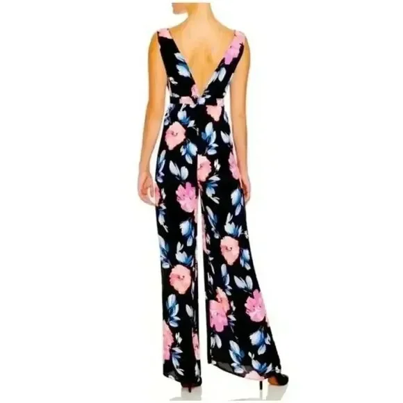 Aqua Women's Black Poly Bright Floral Deep V Front & Back Sleeveless Jumpsuit Ro - Picture 3 of 13